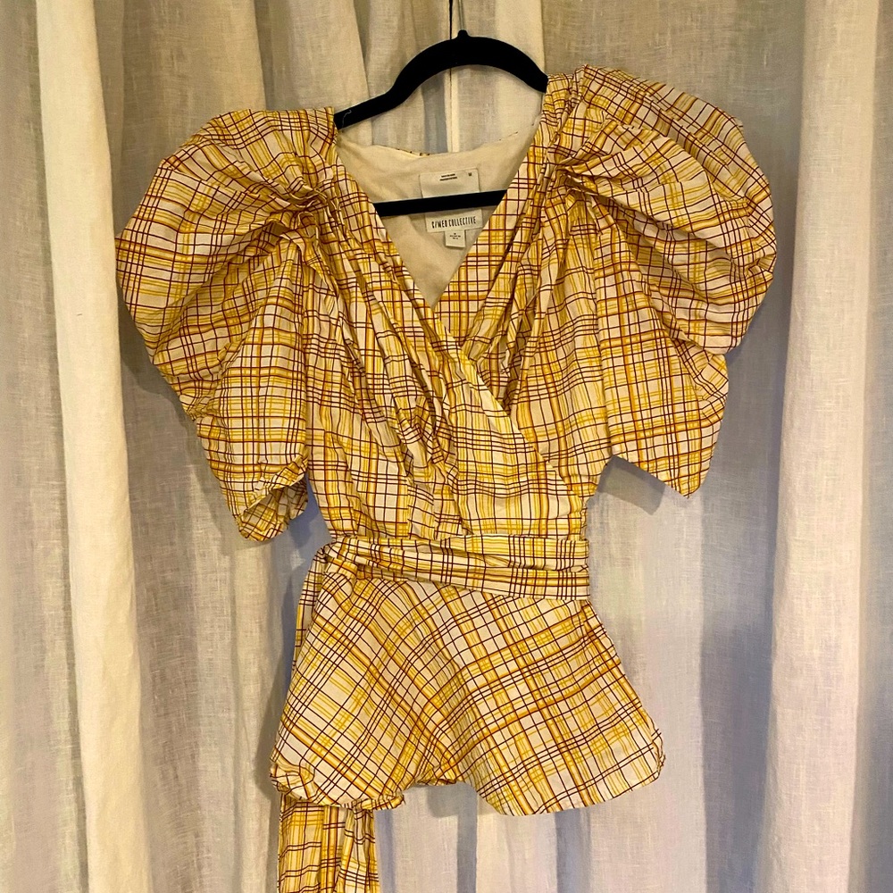 Avant-garde C/Med Collective Plaid wrap top with intricate pleating details